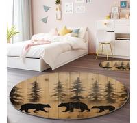 Soft Round Area Rugs for Living Room 160 cm, Forest Animal Silhouettes Bear Low Pile Flannel Round Carpet - Brown Non-Slip Washable Rugs for Aldult Kids Room Bedroom Decor