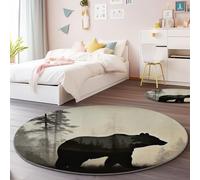 Soft Round Area Rugs for Living Room 160 cm, Nature Forest Animals Bear Low Pile Flannel Round Carpet - Light Brown Non-Slip Washable Rugs for Aldult Kids Room Bedroom Decor