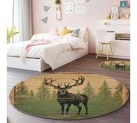 Soft Round Area Rugs for Living Room 160 cm, Shabby Chic Vintage Animals Deer Low Pile Flannel Round Carpet - Green Light Brown Non-Slip Washable Rugs for Aldult Kids Room Bedroom Decor