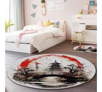 Soft Round Area Rugs for Living Room 60 cm, Oriental Japanese Style Pagoda Low Pile Flannel Round Carpet - White Non-Slip Washable Rugs for Aldult Kids Room Bedroom Decor