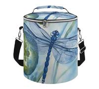 Soft Round Cooler Bags,Hand Painted Blue Dragonflyprinted 15L Collapsible Portable Leakproof Insulated Picnic Cooler Bag for Camping Beach,Outdoor, Trip