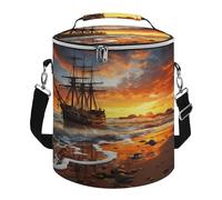 Soft Round Cooler Bags,Pirate Ship in The Sunsetprinted 15L Collapsible Portable Leakproof Insulated Picnic Cooler Bag for Camping Beach,Outdoor, Trip