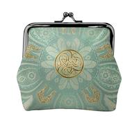Soft Sage Green and Gold Celtic Mandala, PU Leather Coin Purse, Small Wallets, Change Pouch with Kiss Lock Clasp Buckle, Change Purse