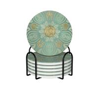 Soft Sage Green And Gold Celtic Mandala,Round Ceramic Coasters, Mugs Pad, Cups Mat Set of 6 Drinks Coasters With Holder
