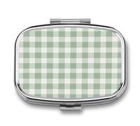 Soft Sage Green and Ivory Squares Pattern Pill Box 2 Compartment Portable Medicine Pill Case Travel Pill Organizer for Pocket Purse