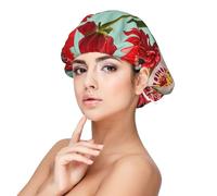Soft Satin Bonnet for Women Sleeping - Spring Red Flowers Print,Adjustable and Breathable Night Sleep Cap for Long Hair Ideal for Bedtime, Hair Care, and Sleeping Comfortably, Black, One Size