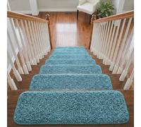Soft Shaggy Stair Treads Non Slip Machine Washable Carpet Mats 22x67cm 30mm Thick Plush Stair Rugs for Wooden Stairs Indoor Anti Slip Step Mats Safe for Kids Pets and Increased Yarn (Turquoise, 13)