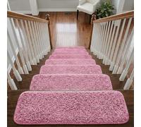 Soft Shaggy Stair Treads Non Slip Machine Washable Carpet Mats 22x67cm 30mm Thick Plush Stair Rugs for Wooden Stairs Indoor Anti Slip Step Mats Safe for Kids Pets and 100% Increased Yarn (Pink, 15)