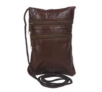 Soft Sheep Nappa Leather Triple Zip Neck Purse Mini Bag with Passport-Size Storage & Strap. (Dark brown)