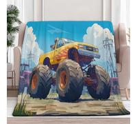 Soft Sherpa Blanket Cartoon Yellow Monster Truck Fleece Throw Blankets for Kids Adults, Blue Lightweight Fluffy Blanket Breathable Blankets for Sofa Bed Couch 220 x 240 cm