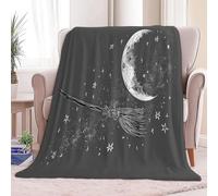 Soft Sherpa Blanket Halloween Line Art Broom Moon Fleece Throw Blankets for Kids Adults, Dark Gray Lightweight Fluffy Blanket Breathable Blankets for Sofa Bed Couch 130 x 150 cm