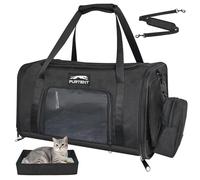 Soft Sided Cat Carrier Airline Approved up to 15lbs, 17x11x9.5 Inch Ventilated Pet Travel Bag with Foldable Litter Box & Storage, Portable Cat Transport Carrier for Flights Car Vet Black