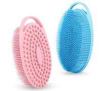Soft Silicone Body Scrubber Loofah - 2 Pack Rubber Loofah 2 in 1 Bath and Shampoo Brush, Silicone Body Shower Brush Scrubber Cleaning Exfoliating Use for Sensitive Skin, Lather Well, Pink and Blue
