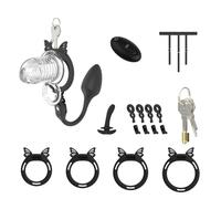 Soft Silicone Male Chastity Cage with Vibrating Anal Butt Plugs，Black：M | Made from soft silicone with 4 adjustable rings, remote control and accessories for a comfortable fit.