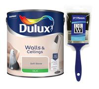 Soft Stone Walls & Ceilings Silk Emulsion Paint 2.5L + 3" Emulsion Paint Brush - Smooth Washable Silk Finish, Quick Dry, Low-VOC, Easy Application for Interior Walls & Ceilings