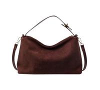 Soft Suede Shoulder Bag, Unisex Slouch Hobo Handbag with Top Handle | Relaxed black silhouette with a curved top, short handle and long shoulder strap; suede is stated in the supplied product-f