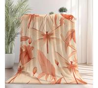 Soft Tan Flannel Fleece Blanket, Delicate Flowers Insects Dragonfly Printed Throw Blankets for Sofa and Bed - Lightweight Cozy Microfiber Warm Throw for All Seasons 230 x 230 cm