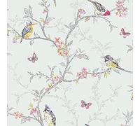 Soft Teal Colourful Birds Trees Floral Butterfly Wallpaper YöL