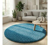 Soft Thick Plain Shaggy Round Living Room Area Rug, Teal Blue, 120cm