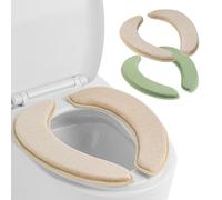 Soft Thicker Flannel Bathroom Toilet Seat Cover, 2 Pack Non Slip Warmer Comfortable Seat Cushions with Memory Foam, Easy Install with Self-Adhesive Tape, Reusable Toilet Lid Cover (Green,Beige)