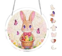 Soft Tone Easter Bunny Floral 7.8x7.8Inch Round Acrylic Hanging Puzzle | Creative Home Accent with Visual Appeal
