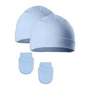 Soft Touch 2 x Baby Hat & Mittens Set 2 Pairs Anti Scratch Mittens Baby Boys Girls Cotton Hat NB & 0-3 Months (Sky Blue)