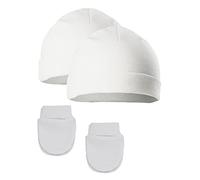 Soft Touch 2 x Baby Hat & Mittens Set 2 Pairs Anti Scratch Mittens Baby Boys Girls Cotton Hat NB & 0-3 Months (White)