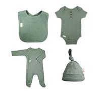 Soft Touch Baby Boys Bodysuit Set Babies Babygrow Girls Ribbed Pattern Sleepsuit Bow Tie Beenie Hat Bib Sage Green 4 Piece Set Newborn - 3 Months