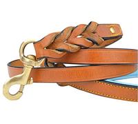 Soft Touch Collars Leather Braided Dog Leash, Tan with Teal Padded Handle, 6ft x 3/4" Inch Wide, Made with Full Grain Genuine Leather