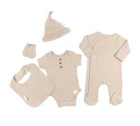 Soft Touch Newborn Essentials 100% Cotton Baby Ribbed Clothes for 0-3 Months 5 Pcs Set Long Sleeve Sleepsuit, Bodysuit, Newborn Hat, Mittens, and Bib for Boys and Girls