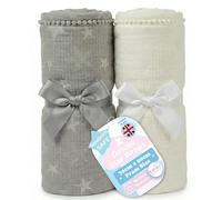 Soft Touch Pack of 2 Star Pom Pom Baby Wrap Blanket - Embossed Mink Baby Fleece, 75 x 90cm Pram Blanket for 0-24 Months, Soft Warm, Mixed Colours