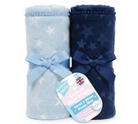 Soft Touch Pack of 2 Star Pom Pom Baby Wrap Blanket - Embossed Mink Baby Fleece, 75 x 90cm Pram Blanket for 0-24 Months, Soft Warm, Mixed Colours