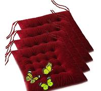 Soft Tufted Square Velvet Chair Pads with Ties Non-Slip Cushions for Dining Chairs Cozy Elastic Seat Pads to Reduce Pressure Set of 4 (Wine Red 17×17 in)