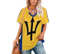 Soft V Neck Oversized T Shirts for Women - Barbados Flag Casual Ladies Baggy Tops for Ladies, Patriotic Lightweight Summer Tee, Relaxed Fit Short Sleeve T-Shirt for Everyday Wear