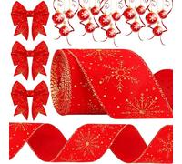 Soft Velvet Christmas Tree Ribbon - 9.1m, 63mm Width, Red Snowflake Pattern for Crafts, Gift Wrapping, Wreaths & Bows
