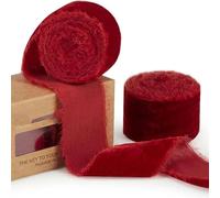 Soft Velvet Ribbon, 1.5 Yards/roll 4cm Handmade Frayed Velvet Ribbon Edged Wrinkle Ripped Wedding Party Flower Bouquet Packing DIY Decorations(Red)