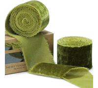 Soft Velvet Ribbon, 1.5 Yards/roll 4cm Handmade Frayed Velvet Ribbon Edged Wrinkle Ripped Wedding Party Flower Bouquet Packing DIY Decorations(Green)