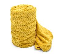 Soft Velvety Plush Throw Blanket Zig Zag Chevron Patterned Blanket for Bed, Sofa Chair/Settee/Couch Throwover Flannel Fleece (Ochre/Yellow, Double/Twin)