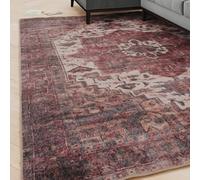 Soft Washable Cotton Rugs Machine Wash Burgundy Cream Blue Geometric Medallion Traditional Antique Look Kid Pet Suitable Non-Shed Living Room Bedroom Rug 160cm x 230cm (5ft 3" x 7ft 7")