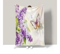 Soft Watercolor Lilac Flowers Flannel Throw Vintage Butterfly Cozy Fleece Plush Warm Blanket Kids For Bed Sofa Office Knee Pad, Bed Car Camp Beach Blanket Beige Throw Blankets 50"X60"