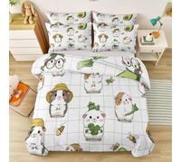 Soft Zippered Microfibre Bedding Set King Size, Playful Guinea Pig & Bee Design, Reversible Quilt Cover for Master Bedroom, Kids, White
