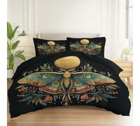 Soft Zippered Microfibre Bedding Set Single, Fantasy Moth Moon Print, Reversible Cover with 2 Pillowcases 50x75cm for Kids, Black