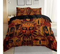 Soft Zippered Microfibre Bedding Set Single, Traditional African Tribal Mask Print, Reversible Cover with 2 Pillowcases 50x75cm for Kids, Black