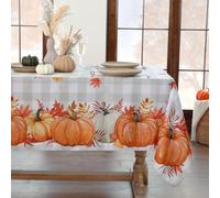 Softalker Autumn Table Cloth Orange Pumpkin White & Grey Gingham Tablecloth Wipe Clean Rectangular 140x200 cm Water Resistant Fall Tablecloths for Party Halloween Thankgiving Table Decorations Home
