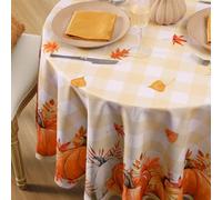 Softalker Round Autumn Table Cloth Autumn 150 cm Orange Tablecloth Wipe Clean Pumpkin Gingham Table Cloths Stain Resistant Wahable Fall TableCloths for Party Coffee Birthday Halloween Thankgiving