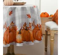 Softalker Round Table Cloth Autumn Wipe Clean Small 120 cm Grey Gingham Tablecloth Orange Pumpkin Water Resistant Washable TableCloths for Halloween Thankgiving Table Decorations Party Kitchen Dining