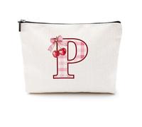 Softball Baseball Rugby Volleyball Soccer Gifts Initial Makeup Bag Monogrammed Letter A-Z Cosmetic Bag for Girls Women Player Coach Lover Christmas, Cherry, 9.6 x 7.4 inches, P