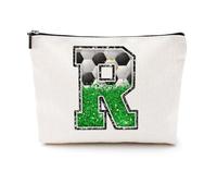 Softball Baseball Rugby Volleyball Soccer Gifts Initial Makeup Bag Monogrammed Letter A-Z Cosmetic Bag for Girls Women Player Coach Lover Christmas, Soccer, 9.6 x 7.4 inches, R