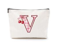 Softball Baseball Rugby Volleyball Soccer Gifts Initial Makeup Bag Monogrammed Letter A-Z Cosmetic Bag for Girls Women Player Coach Lover Christmas, Cherry, 9.6 x 7.4 inches, V