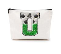 Softball Baseball Rugby Volleyball Soccer Gifts Initial Makeup Bag Monogrammed Letter A-Z Cosmetic Bag for Girls Women Player Coach Lover Christmas, Soccer, 9.6 x 7.4 inches, U